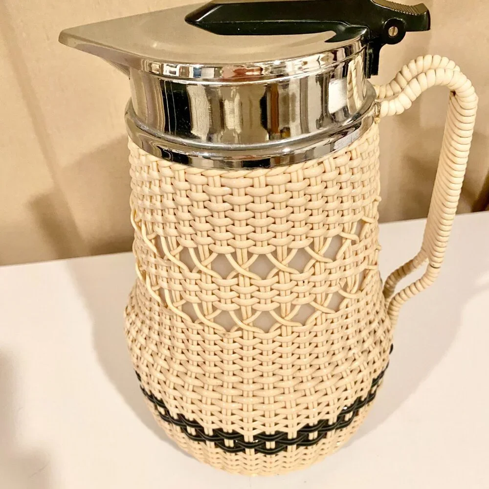 Vintage AB Termoverken Rattan Thermos Pitcher Sweden Cream & Black‎ MCM